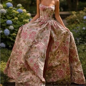 Sherri Hill Strapless Floral Gown in Pink and Green